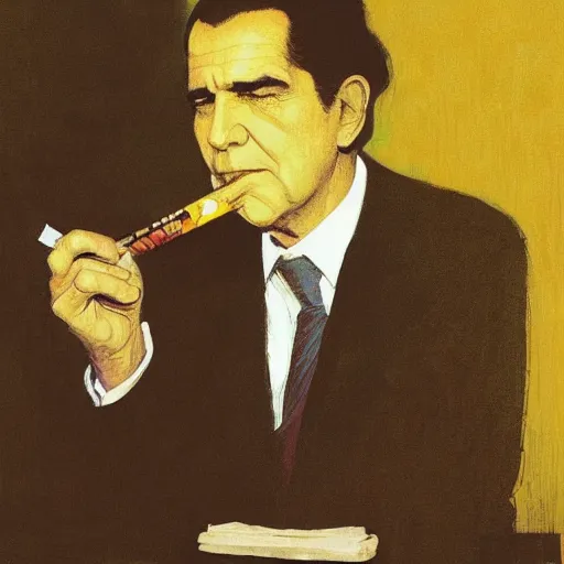 Image similar to Richard Nixon smoking weed in a hotel room with Bob Dylan, yellow theme, by krenz cushart and mucha and yoneyama mai and greg rutkowski