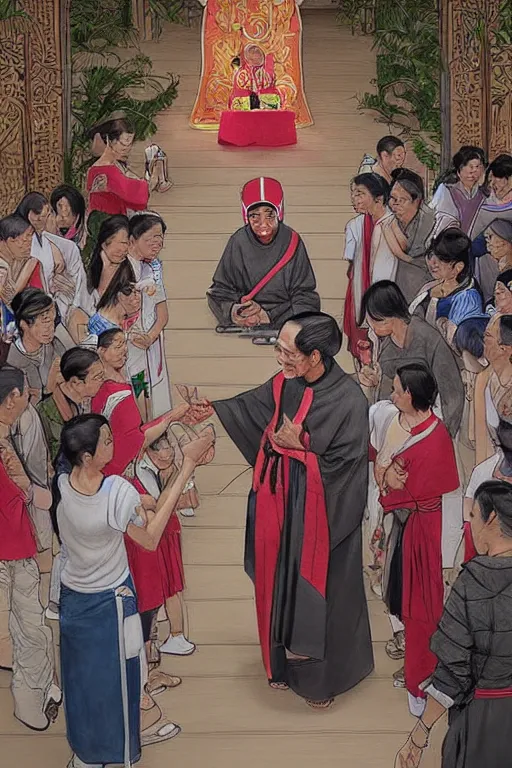 Image similar to saint joko widodo blessing people, sketch and art by jacqueline e, color by bo feng lin