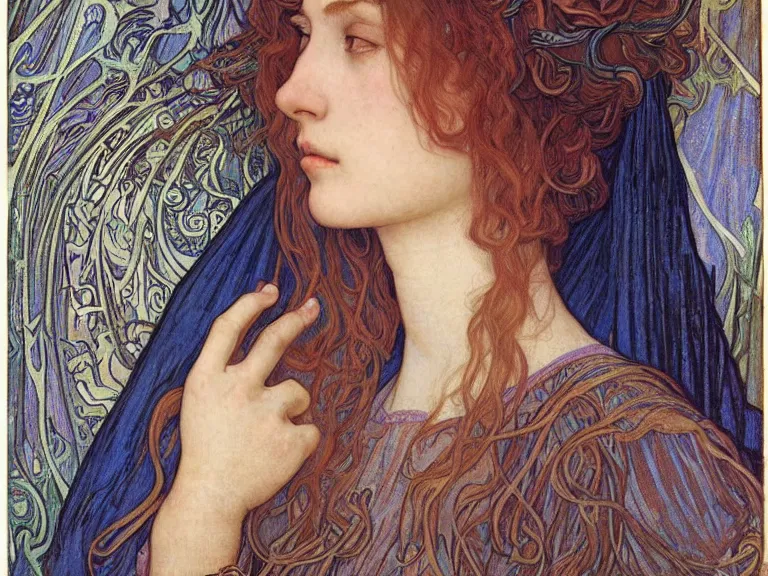 Image similar to detailed realistic beautiful young medieval queen face portrait by jean delville, alphonse mucha, vincent van gogh, and marco mazzoni, art nouveau, symbolist, visionary, gothic, pre - raphaelite
