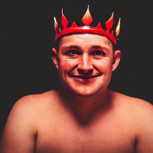 Image similar to man with a crown, smirk, photograph, black backgrounds, glowing red eyes