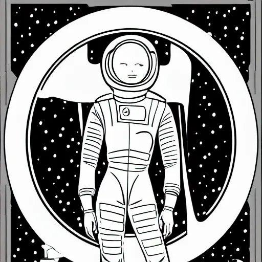 Prompt: clean simple line art of a woman wearing a space suit. no background. well composed, clean coloring book page, beautiful detailed face. coloring book line art by mike mignola