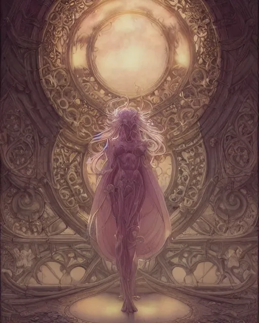 Image similar to a beautiful detailed front view of a pretty anime girl with ornate growing around, ornamentation, baroque architecture, elegant, beautifully soft lit, by wayne barlowe, peter mohrbacher, kelly mckernan