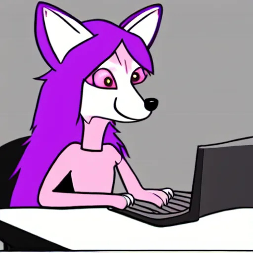 Prompt: Light pink anthropomorphic fox with purple hair typing at a computer on a desk with a coffee cup steaming next to it