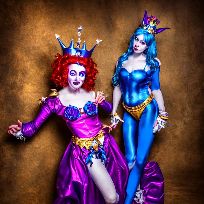 Image similar to full body photo of a real - life beautiful female jester queen, 8 k, hdr, smooth, sharp focus, high resolution, award - winning photo