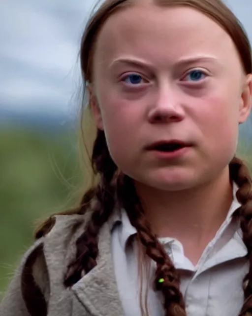 Prompt: film still close - up shot of greta thunberg giving a speech from the movie brokeback mountain. photographic, photography