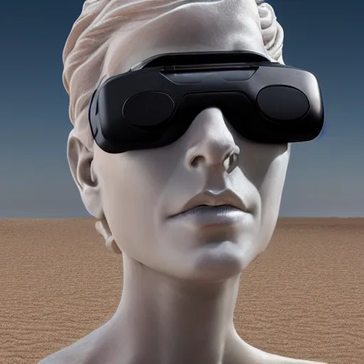 Image similar to the head of a marble cybernetic lady justice statue wearing a virtual reality headset on ground covered in sand, cyberpunk background, highly detailed, epic lighting, hyper photorealism, 8 k