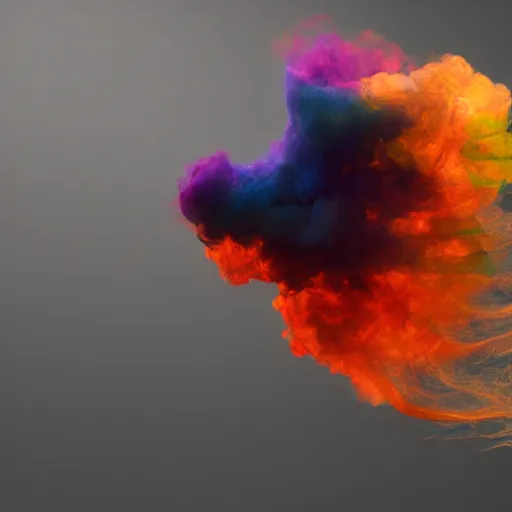 Prompt: multi color smoke, smoke has a small ( outstretched ribbed wings and head of an ancient dragon ), billowy, 8 k, 4 k