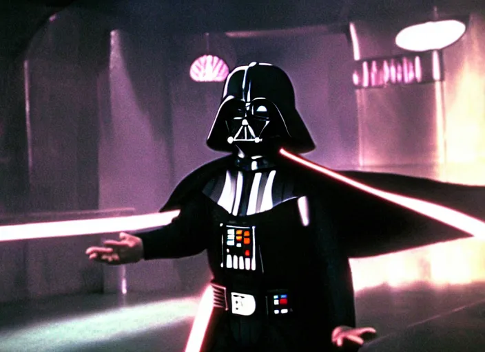 Prompt: film still of Darth Vader disco dancing exactly like John Travolta on the cover of Saturday Night Fever, 4k