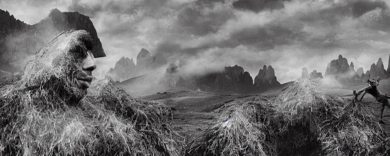 Image similar to mysterious scene of tyrolean farmer transforming into hay man with horns , dolomites in background, roots and edelweiss growing out of the body 35mm double-exposure photo, palm body, deep shadows, german expressionism, noir, slightly colorful, photorealistic, detailed smoke, natural bones and skin, natural textures, depth of field, ambient occlusion, motion blur, HD, masterpiece, volumetric, chromatic aberration by Richard Avedon, style of Ade Santora, perfect composition, masterpiece, intricate detailed