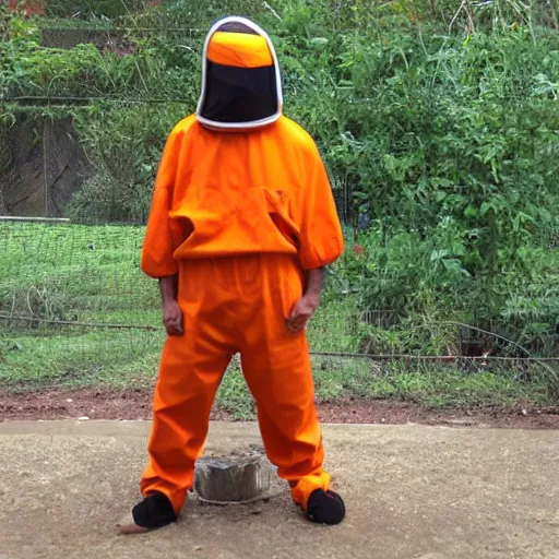 Prompt: bee using orange inmate suite