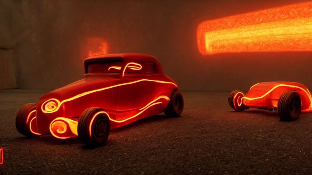 Prompt: the hot rod made of glowing wax, they look me in the eye, film still from the movie directed by Denis Villeneuve and David Cronenberg with art direction by Salvador Dalí, wide lens