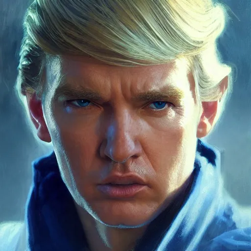 Image similar to detailed cinematic wide shot of beautiful attractive donal trump slim face symettrical face clean skin blue eyes black robe smooth, sharp focus, ultra realistic, spring light, painting by gaston bussiere, craig mullins, j. c. leyendecker