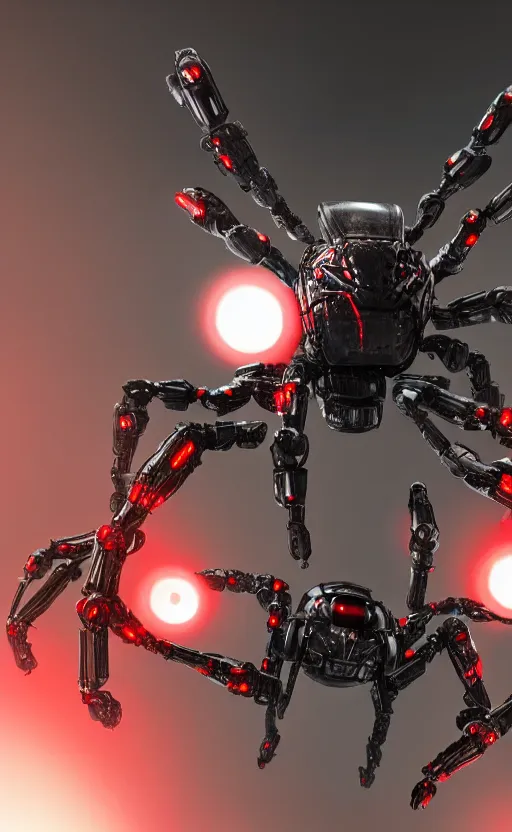 Image similar to a robot humanoid spider with 4 arms with claws, glowing red eyes, in a black carbon and red fiber armor, smiling creepily, dynamic lighting, photorealistic fantasy concept art, trending on art station, stunning visuals, creative, cinematic, ultra detailed