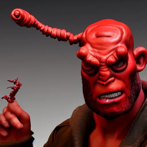 Prompt: realistic full size hellboy with a body made of twisted twizzler candy, render, fantasy art, unreal engine, 8 k