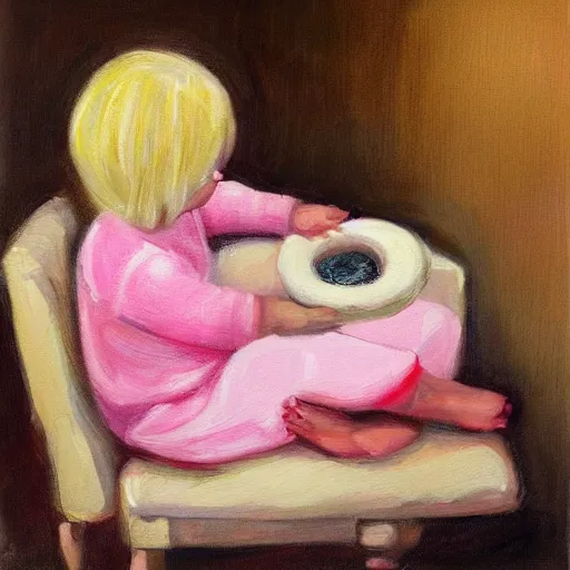 Prompt: blond little girl asleep, dreaming of donuts, pink, cosy room, oil painting