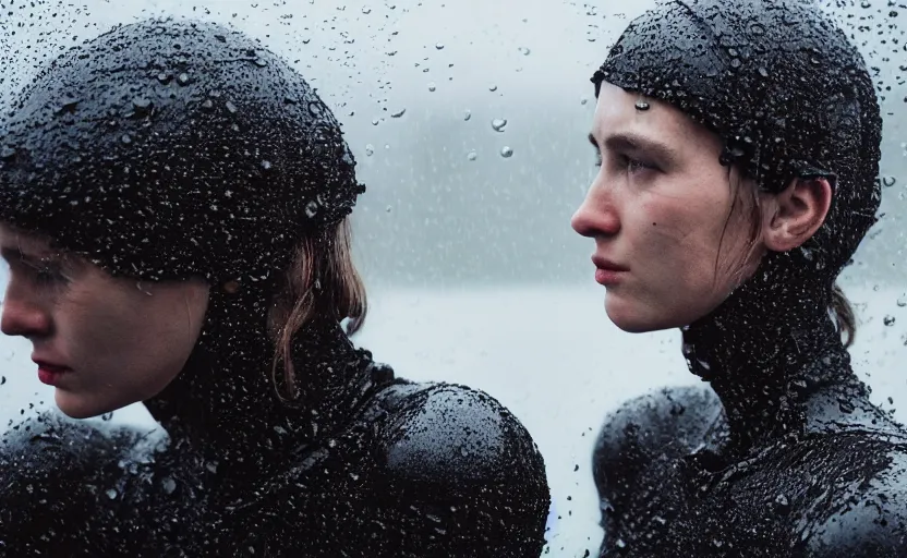 Image similar to cinestill 5 0 d candid photographic portrait by christopher nolan of two loving female androids wearing rugged black mesh techwear in treacherous waters, extreme closeup, modern cyberpunk moody emotional cinematic, pouring rain, 8 k, hd, high resolution, 3 5 mm, f / 3 2, ultra realistic faces, ex machina