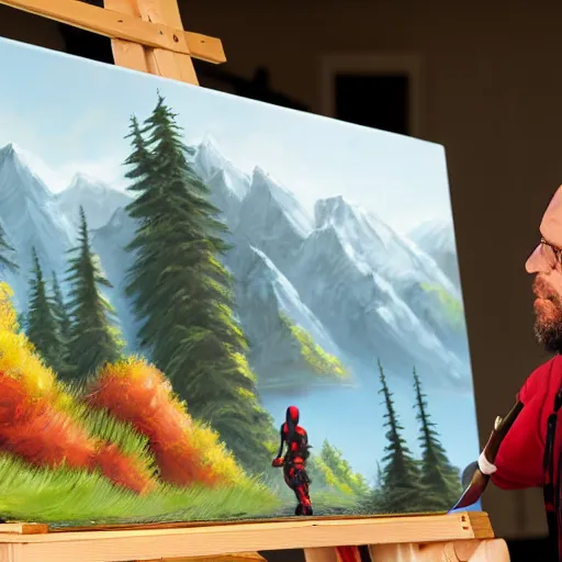 Image similar to a closeup photorealistic photograph of bob ross working on a canvas painting of deadpool. film still. brightly lit scene. mountains and trees. this 4 k hd image is trending on artstation, featured on behance, well - rendered, extra crisp, features intricate detail, epic composition and the style of unreal engine.