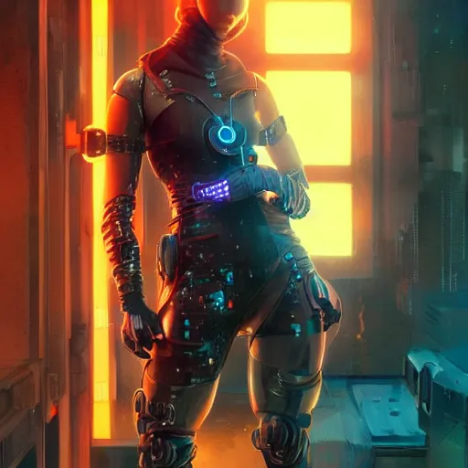 Image similar to movie still of stylized cybernetic ninja - cyberpunk girl, wearing techwear and armor, complementary colors, beautiful realistic face, highly detailed, artstation, concept art, smooth, sharp focus, illustration, art by artgerm, by greg rutkowski, by jeremy mann, by francoise nielly, oil painting