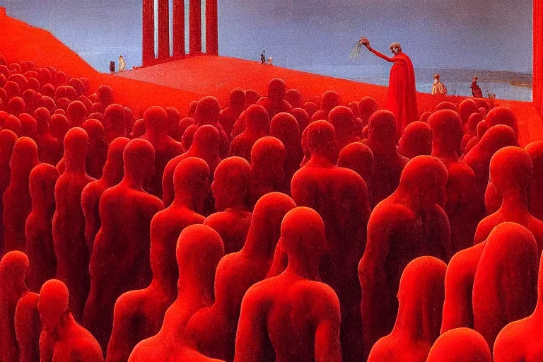 Image similar to only with red, a red melted emperor, taormina amphitheatre, crowd hails him, in the style of beksinski, parts by edward hopper, parts by rodcenko, parts by yue minjun, intricate and epic composition, red by caravaggio, insanely quality, highly detailed, masterpiece, red light, artstation, 4 k