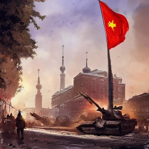 Prompt: berlin been destroyed by the soviet arteries in 1 9 4 4 in one of the soviet armies raising the soviet flag in the background by greg rutkowski