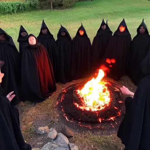 Prompt: a cult of black cloak wearing individuals summon a demonic kitten from the depths of a raging fire pit. Flames are emerging from fissures in the ground.