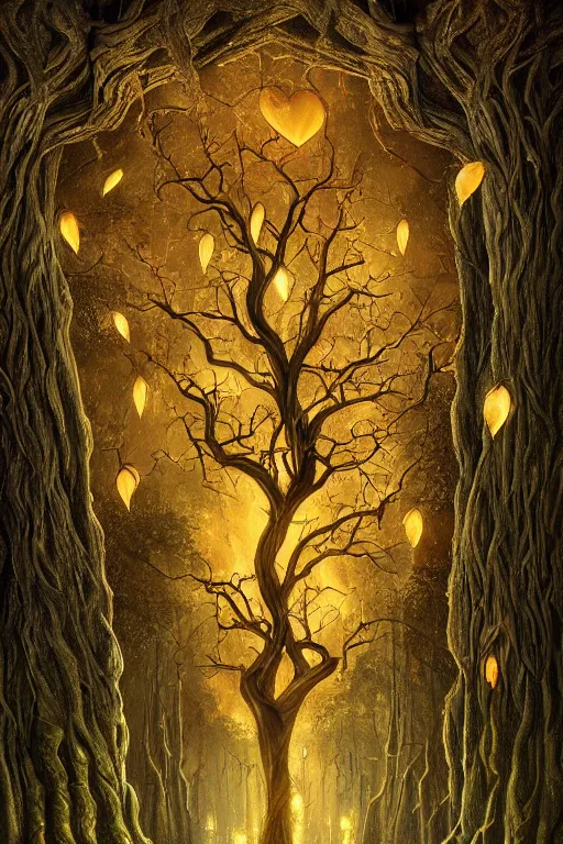 Image similar to a beautiful digital illustration painting of a detailed gothic fantasy fireflies and roots, fantasy tree with heart carved into the bark by giorgio de chirico, and david rios ferreira. 8 k resolution trending on artstation concept art digital illustration