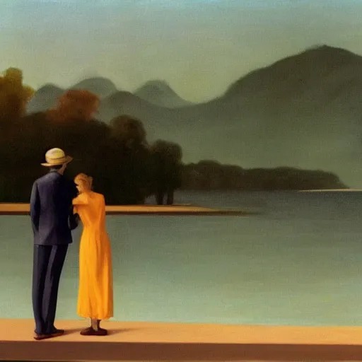 Image similar to A beautiful land art of a man and a woman are standing on a dock, looking out at a body of water. The woman has her hand on the man's shoulder, and they appear to be deep in conversation. The colors in the land art are muted, and the scene has a calming feeling. by Edward Hopper subtle