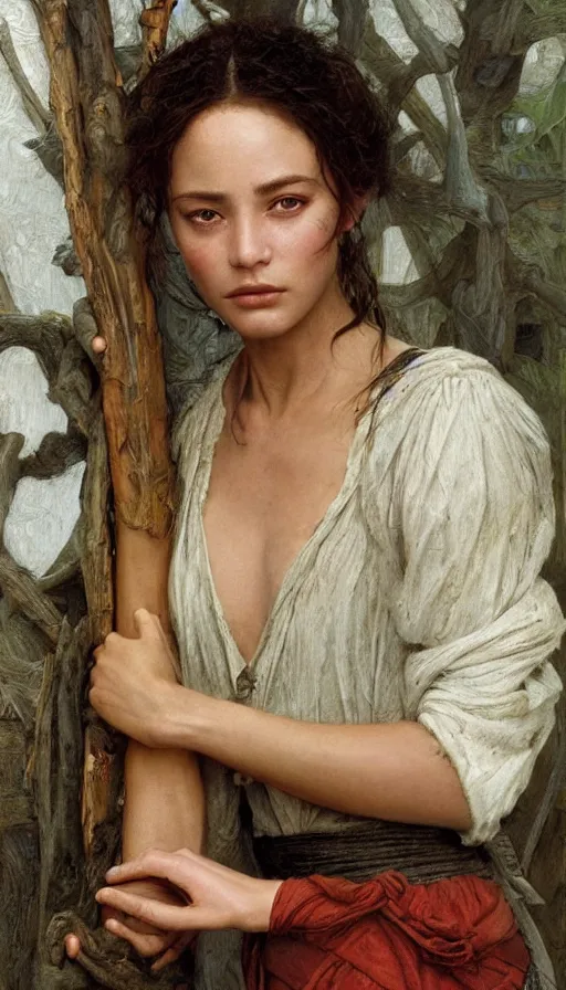 Image similar to epic masterpiece young emanuelle beart as peasant, sweaty skin, hyperrealistic, octane render, cinematic, beautiful face and flawless skin, perfect hands, 5 fingers, by edgar maxence and ross tran and michael whelan, legends of runeterra