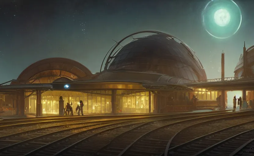 Prompt: exterior shot of utopian train station on the edge of the space with cinematic lighting by renzo piano, darek zabrocki and greg ruthkowski, alphonse mucha, simon stalenhag, cinematic, holy place, paradise, scifi, futurism, atmospheric, concept art, artstation, trending on artstation