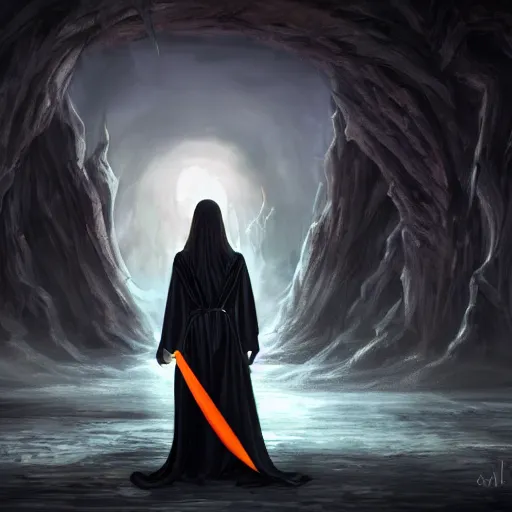 Image similar to orange haired woman standing in a black robe, sword in one hand facing away and looking at a monster, in matte painting style