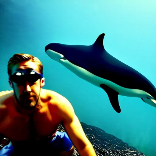 Image similar to ryan gosling in swimming trunks and cyberpunk style goggles rides a killer whale in a lava lake, photo