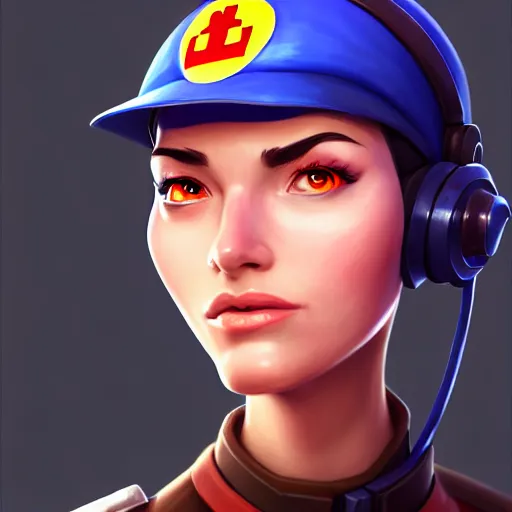 Image similar to beautiful digital painting portrait of engineer woman from team fortress 2 by valve, 4 k, 8 k, hd, high resolution, highly detailed, intricate detail, ultra realistic faces, digital art, trending on artstation, team fortress 2