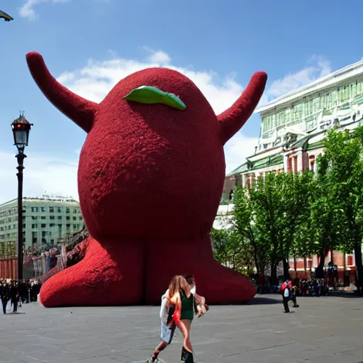 Prompt: photo giant kiwi on red square