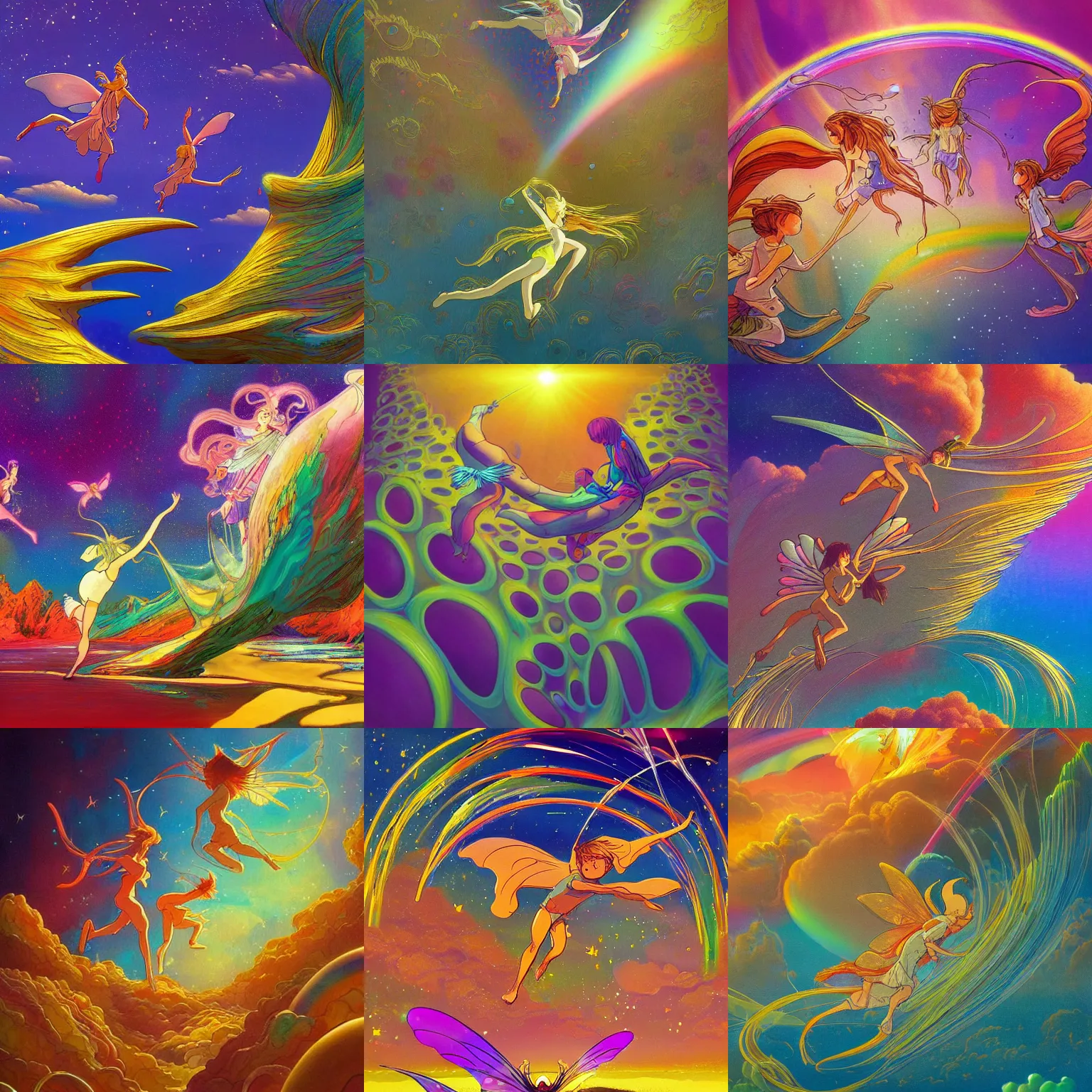 Prompt: A beautiful and ultradetailed painting of a fantastic scene with flying fairies by Moebius, Xsullo and James, trending on Artstation, with Studio Ghibli color scheme, paint and rainbows overlay effects, shiny, colorful, golden, complex, plastic, abstract, fluid, cloth-like, anatomic, biomorphic