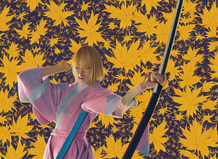 Prompt: breathtaking detailed pattern pastel colors, action scene from kill bill, with uma thurman ( kill bill ) in yellow kimono, swinging katana sword and autumn leaves, by hsiao - ron cheng, exquisite detail, enhanced eye detail