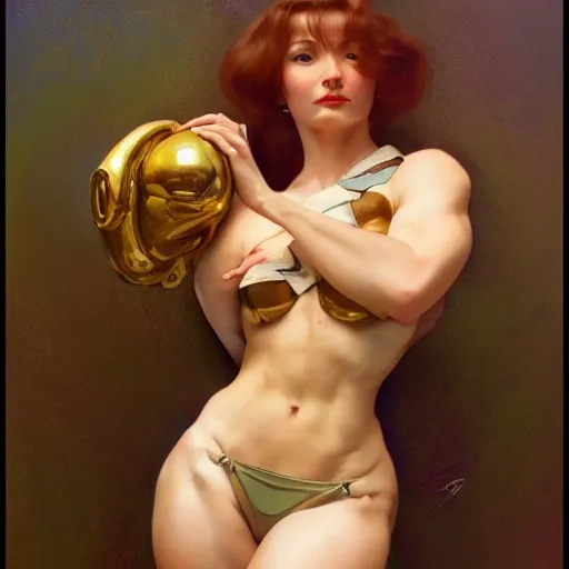 Image similar to modern woman | muscular | hyperrealistic | action pose | digital painting | trending on artstation | pinup portrait | clean | illustration | dressed | unreal engine 5 | 8 k resolution | rubenesque | by greg rutkowski alphonse mucha gustav klimt and mel ramos