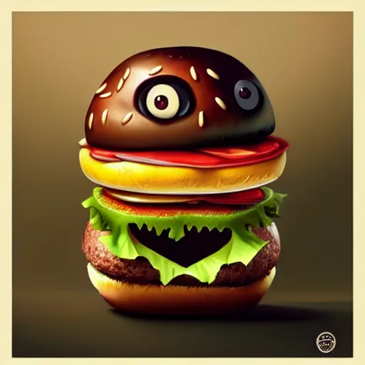 Image similar to a monster with a hamburger head on a suit, hamburger monster, burger face, burger with human eyes, burger with a mouth, very detailed eyes, character concept art, fantasy, intricate, fantasy drawing, illustration, highly detailed, hyperrealistic, cgsociety, artstation, oil painting by greg rutkowski, by artgerm