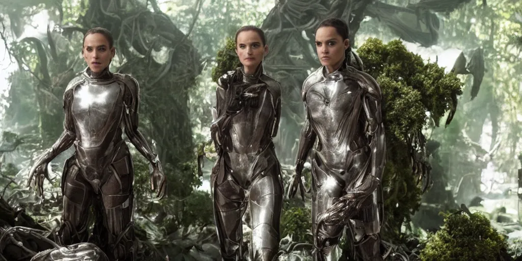 Image similar to the alien from annihilation, wub wub wub, fractal, iridescent chrome skin thin frame body, natalie portman is there too, oscar isaac is out of his mind, tessa thompson became a tree