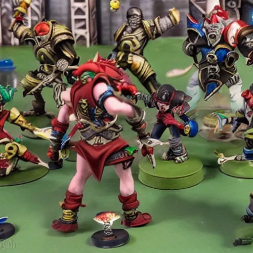 Image similar to blood bowl game in miyazaki anime, elves are playing versus humans, intense match, many casualties