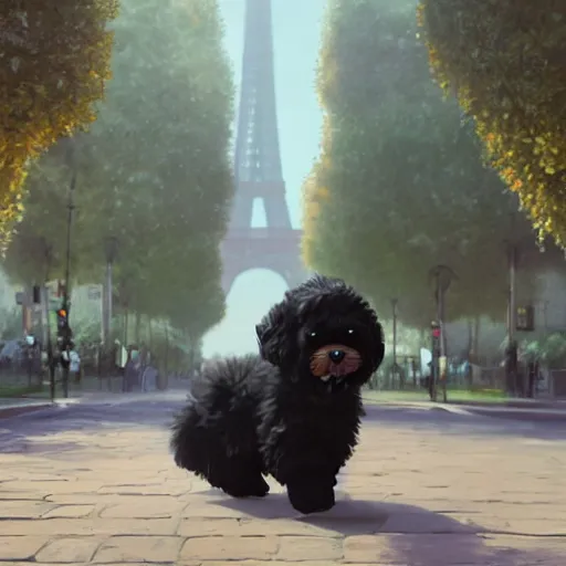 Prompt: a wholesome animation key shot of a black bernedoodle puppy riding a bike in paris, studio ghibli, pixar and disney painting, sharp, rendered in unreal engine 5, key art by greg rutkowski, bloom, dramatic lighting