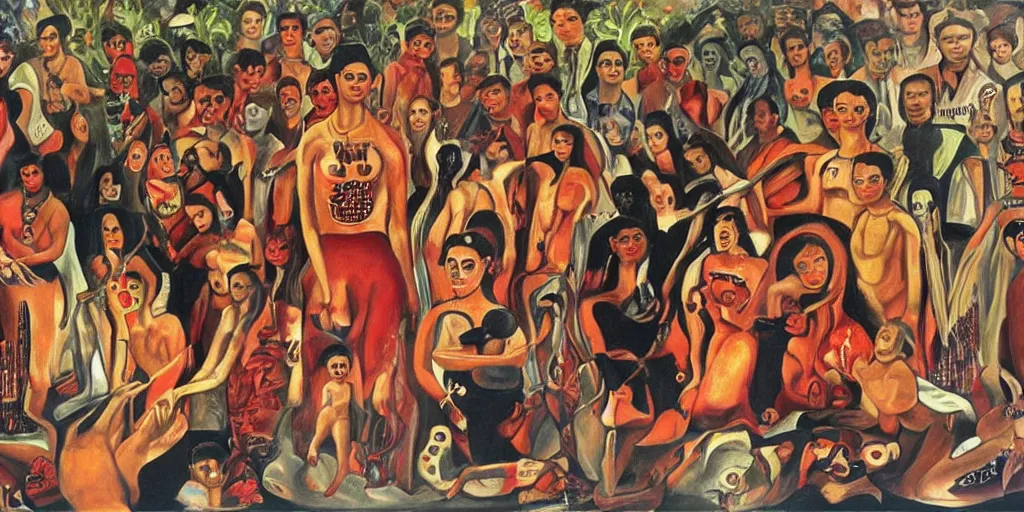 Image similar to The devil runs a group of people's lives in a big circle, Frida painting style.