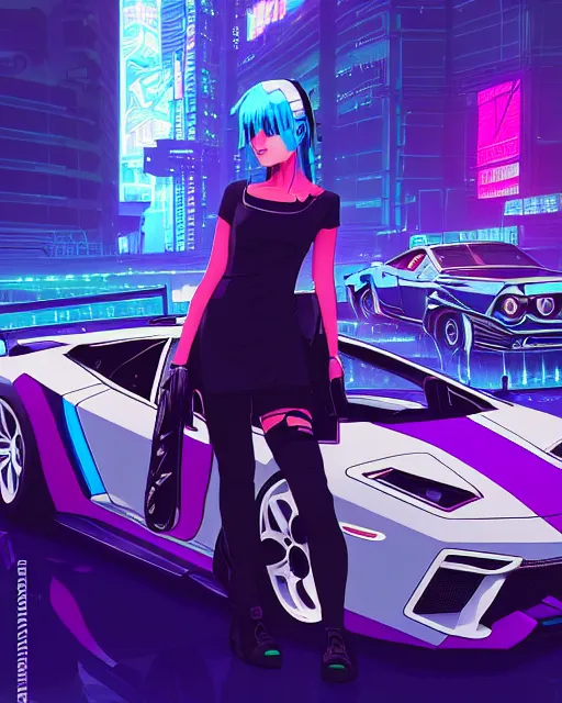 Image similar to digital illustration of cyberpunk pretty girl with blue hair, looking at a purple lamborghini, in junkyard at night, by makoto shinkai, ilya kuvshinov, lois van baarle, rossdraws, basquiat