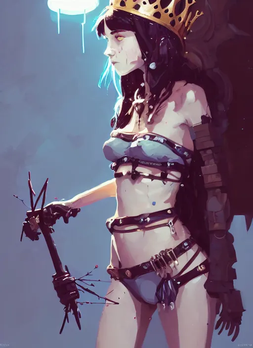Image similar to portrait of cute maiden girl with crown of thorns, dressed in belts bikini, warhammer, cyberpunk, by atey ghailan, by greg rutkowski, by greg tocchini, by james gilleard, by joe gb fenton, by kaethe butcher, dynamic lighting, gradient light blue, brown, blonde cream and white color in scheme, grunge aesthetic