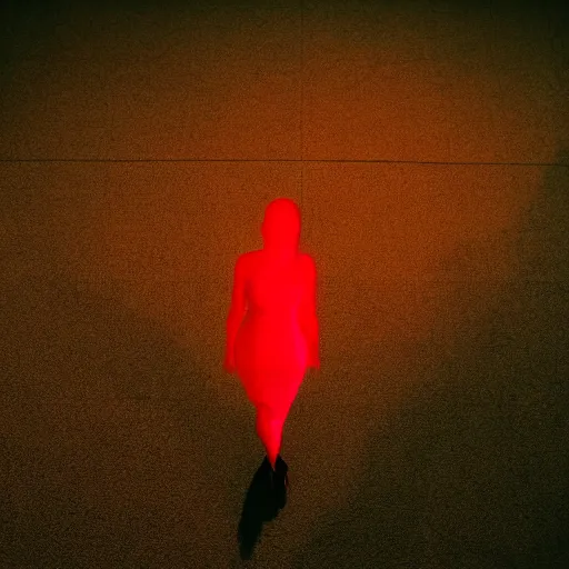 Prompt: standing in the room, the red light from above outlines the perfect shape of her shadow on the floor below