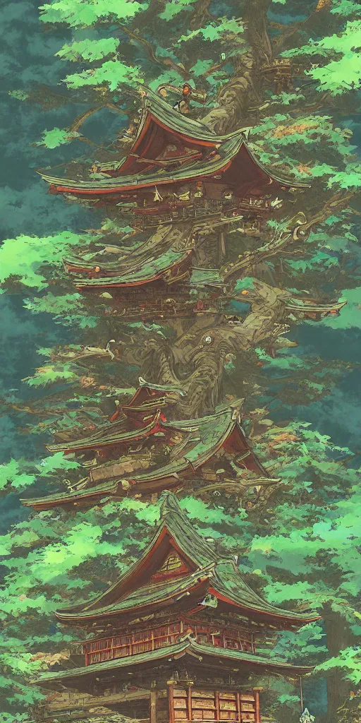 Prompt: detailed japanese treehouse shrine, breath of the wild, hyrule, studio ghibli artstation, 3 5 mm