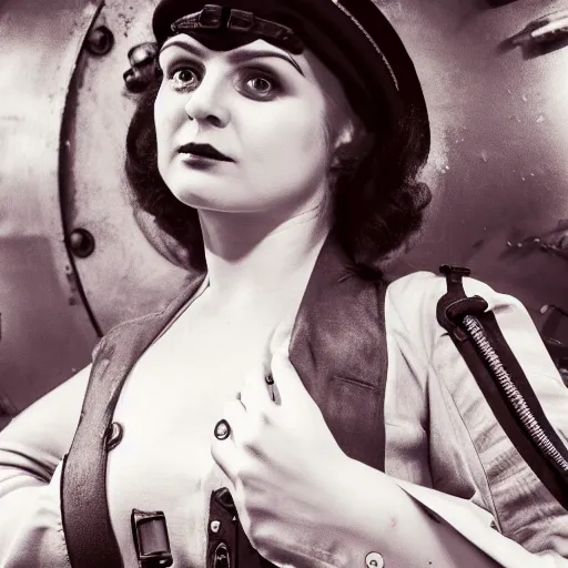 Image similar to simona sbaffi as a dieselpunk submarine captain, portrait, photography by anna fischer