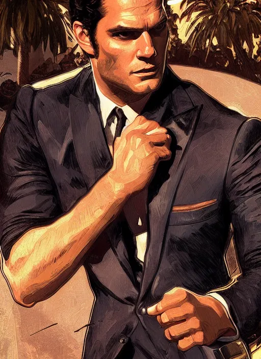 Image similar to portrait of henry cavill as james bond, key art, palm trees, vintage aston martin, highly detailed, digital painting, artstation, concept art, cinematic lighting, sharp focus, illustration, by gaston bussiere alphonse mucha