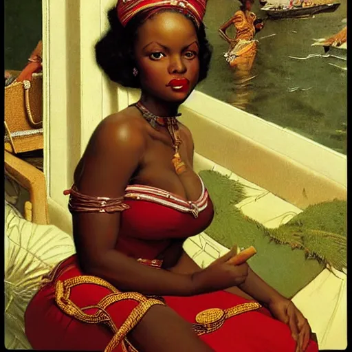 Image similar to an african queen by gil elvgren and norman rockwell and rob gonsalves, hyperrealistic, high detail