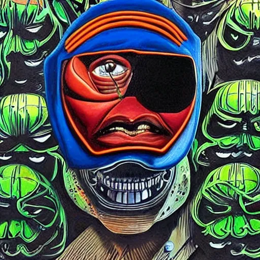 Prompt: beautiful lifelike painting of mf doom controlling all your world leaders with the power of magnetic waves, hyperreal detailed facial features and uv lighting, art by ed roth and basil wolverton