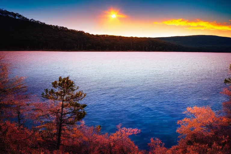 Prompt: beautiful nighttime landscape photography of the Ouachita Mountains with a crystal blue lake, serene, desk, sunset, setting sun, dramatic lighting.